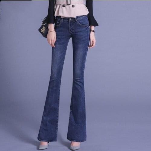 ACRMRAC Womens jeans 2018 Spring and autumn Slim Solid color blue Middle waist Panelled Skinny Flare Pants Full Length jeans