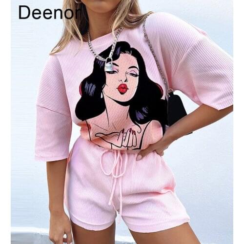 Deenor Summer Comfortable Women Two Pieces T Shirt with Shorts Cartoon Print Short Sleeve Loose Style Women Summer Suits