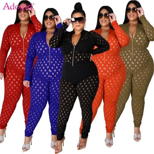 Adogirl XL-5XL Plus Size Women Sexy Hollow Out Long Sleeve Jumpsuit Front Zipper Slim Romper Fashion Casual Night Club Overalls