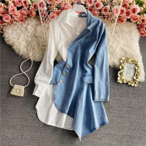 Spring fashion irregular denim stitching long-sleeved shirt Dress Female suit Dress personality stitching dress fashion Women