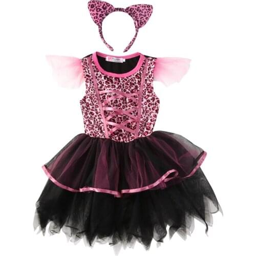 Goth Dress Halloween Toddler Infant Kids Baby Girl Dress Lace Up Sleeveless O-neck Leopard Tutu Dresses Cat Headband