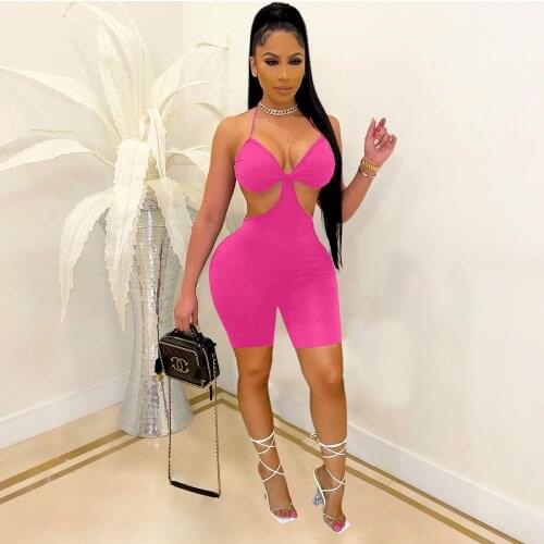 2021 Neon Color Cut Out Workout Skinny Women Rompers 2021 Casual Halter Activewear Short Playsuit One Piece Streetwear Outfits