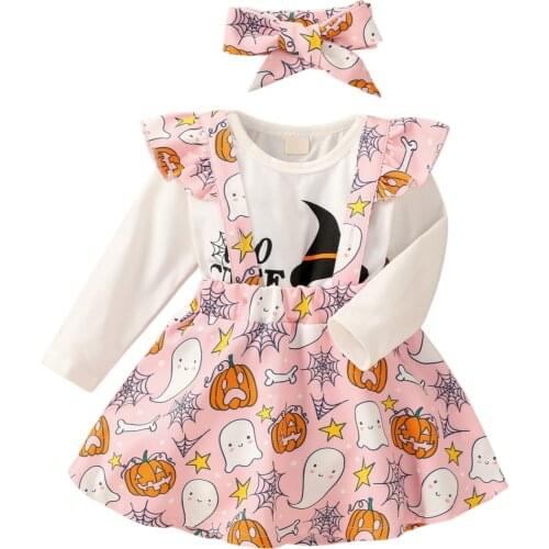 3Pcs Toddler Halloween Outfits, Letters Long Sleeves Romper + Cartoon Suspenders Skirt + Hairband for Baby Girls, 0-12 Months