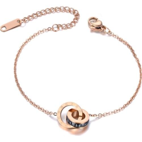 Titanium Stainless Steel CZ Crystal Circle Charm Bracelets For Women Girls Rose Gold Chain Link Bracelet Jewelry B19111