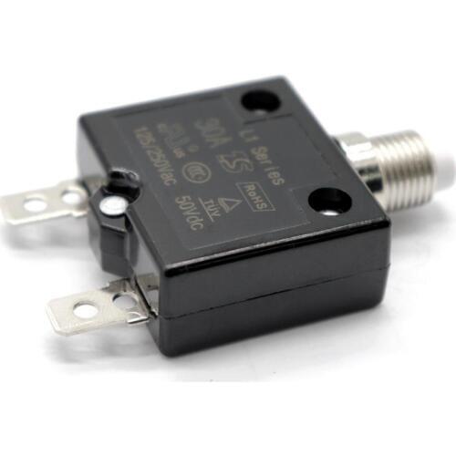 30A Push Button Reset Circuit Breaker, DC50V AC125-250V Thermal Overload Protector with Black Waterproof Button Cover