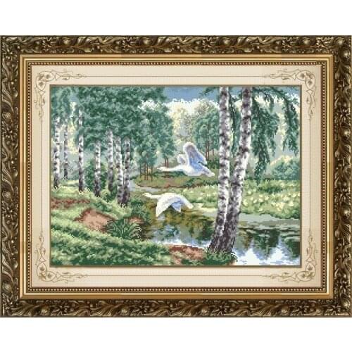 FREE delivery hot selling Top Quality cross stitch kit fly swan swans in wood forest Zolotoe Runo