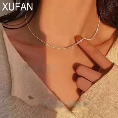 XUFAN Shining Silver Color Sparkling Clavicle Chain Choker Necklace Collar for Women Fine Jewelry Wedding Party Birthday Gift