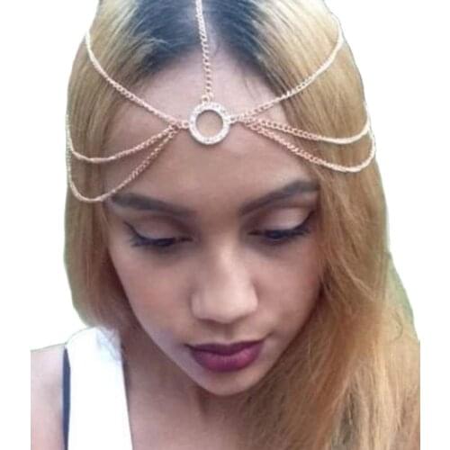 Boho Head Chain Headband Hair Jewelry Rhinestone Circle Forehead Headwear Hair Accesories