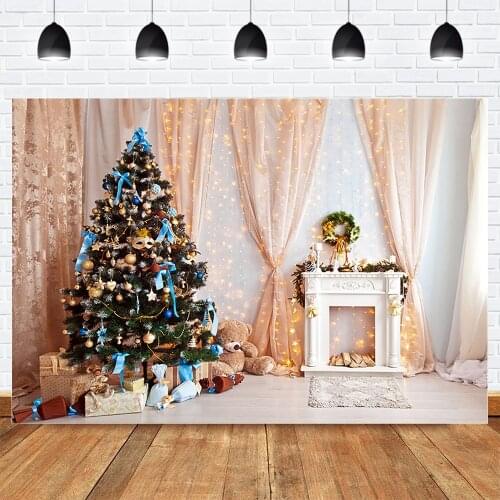 Golden Christmas Glitter Photo Background X-mas Tree Fireplace Gifts Background Curtain Winter Children Portrait Photography