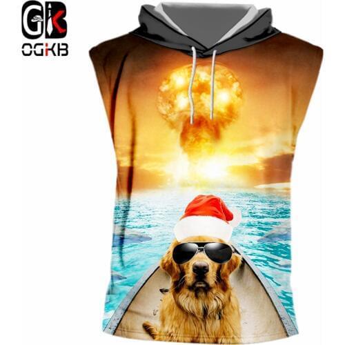 OGKB Christmas 3D Printed Fish And Sunglasses Dog Personality Explosion Background Spandex Mens Hooded Tank Top