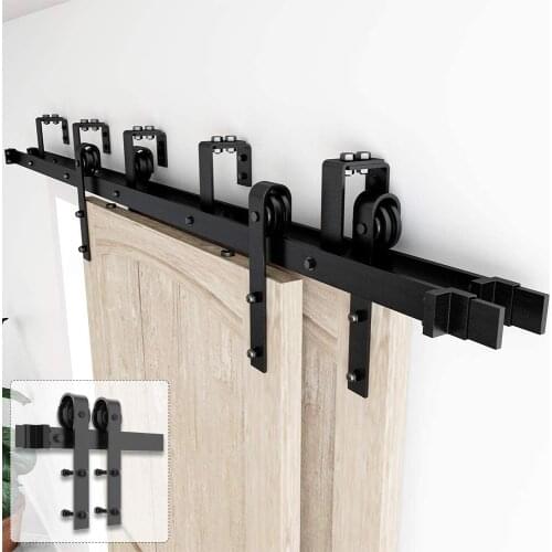 JACHOR 4-16FT Double Track Barn Door Slide Hardware Kit Top Mounted J Shape Bypass Hardware Hanging Pulley Set for Double Door
