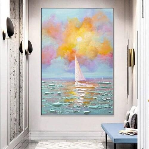 Sailling Boat Seascape Picture 100% Hand Painted Abstract Oil Painting On Canvas Wall Art For Living Room Home Decor No Frame