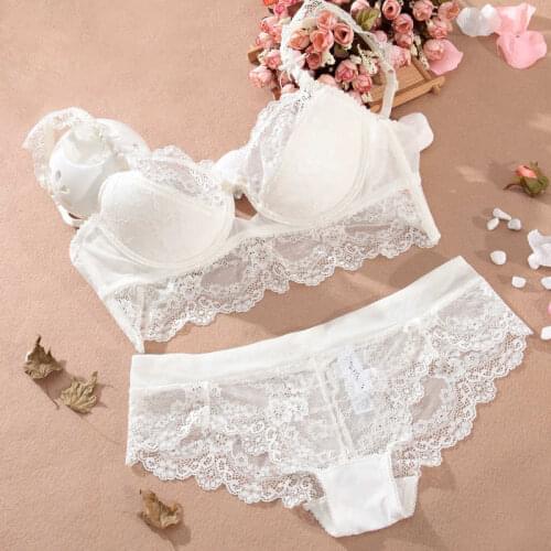 Fashion Women Sexy Bra Set Ultra-thin Lace Bras Deep V-neck Push Up Underwear Vintage Solid Color Bra Set Cup A B C D For Female