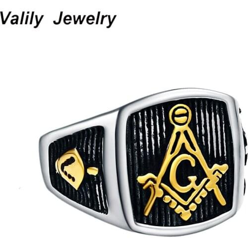 Valily Mens Masonic Rings Stainless Steel Freemason Ring Silver Black Mason Ring Jewelry for Man Free Masonry Member Jewelry