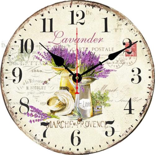 Vintage Purple Lavender Flowers Modern Wooden Wall Clock Battery Operated Retro Home Decor Living Room No Ticking Clocks