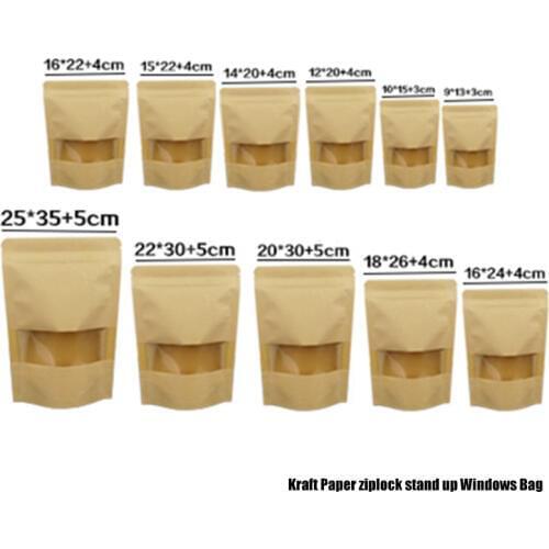 50/100pcs 13sizes Zipper Lock Kraft Paper Window Bag Stand Up Gift Dried Food Fruit Tea Packaging Pouches Self Sealing Bags