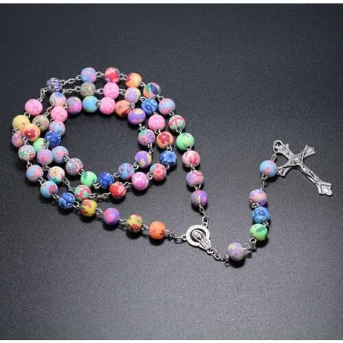 Religious Rosary Necklace Cross Crucifix Pendant Christian Catholic Multicolor Polymer Clay Prayer Beads Chain Jewelry
