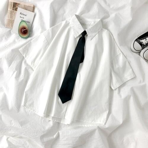 Preppy Style White Women Shirts 2020 Summer New Loose Casual All Match Short-Sleeved Student Shirts With Tie Outwear Tops