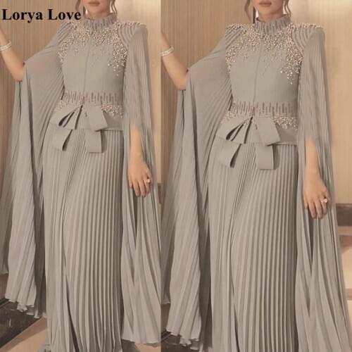 2020 Crumpled Chiffon Pleated Beading Crystal Mother Of The Bride Dresses Long Sleeves Formal Party Night Vestido De Festa Longo