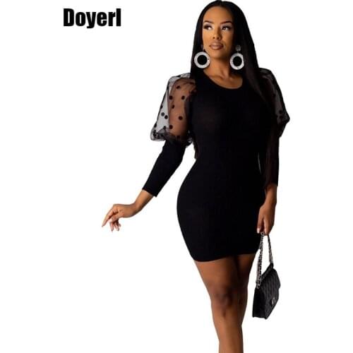 Sexy Bodycon Club Party Dress Women Lantern Sleeve Patchwork Mesh Short Winter Dresses Long Sleeve Mini Elegant Christmas Dress