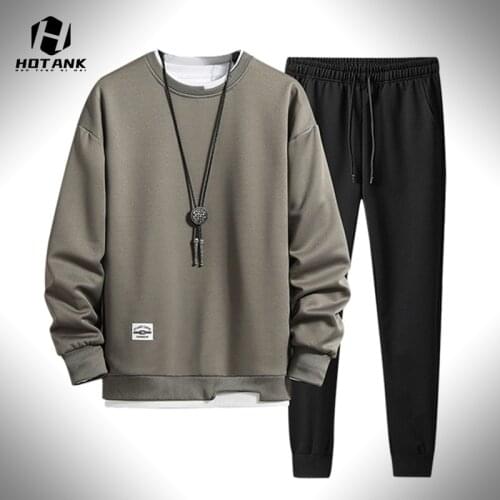 Tracksuit Men Autumn fashion solid Sportswear Two Piece Set Fake Two Sweatshirts Pants Brand Track Clothing Mens Casual Sets