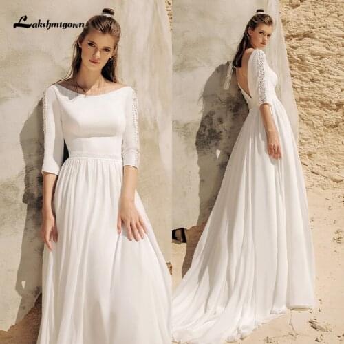 Lakshmigown Boho Wedding Dress vestido de novia 2021 Vintage Chiffon Bridal Gowns robe longue Simple Bridal Dress Half Sleeve