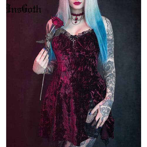 InsGoth Gothic Dress Vintage Sexy Lace Red Mini Dress Grunge Dark High Waist Slit Dress Goth Lolita Noble Velvet Party Dresses