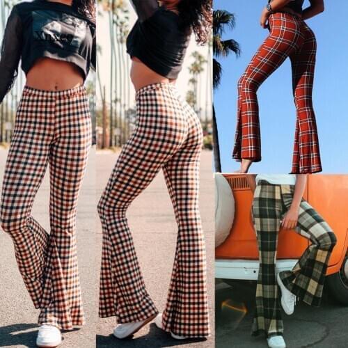 Vintage Plaid Women Girls High Waist Bell Bottom Long Flare Pants Stretch Boho Hippie Bell-Bottom Pants