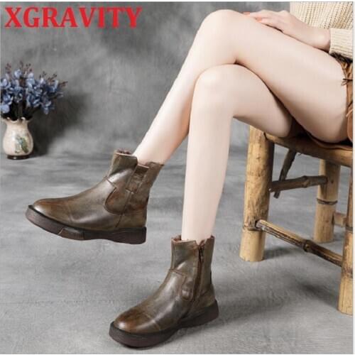 XGRAVITY S113 Thick Fur Warm Boots Elegant Round Toe Cow Leather Shoes Women Short Boots Flat Shoes Vintage Female Footwear