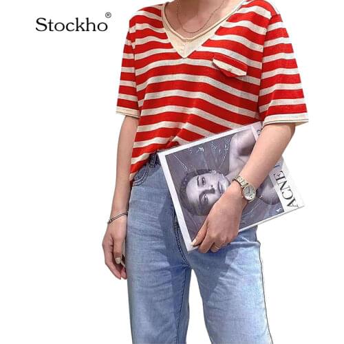 Womens T-shirt 2021 Summer Womens Tops and Shirts Fashion T-shirts Tencel Short Sleeve V-neck Vest Knitted Striped Top 18-35 Y