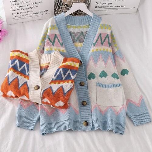 Autumn New Korean Print Cardigan Sweater Women Loose Outwear Knitted Cardigan Jacket Female Vintage Fashion Button Cardigan