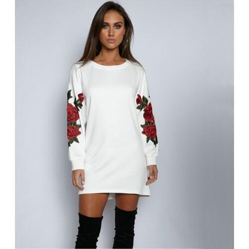 Women Peony Flower Embroidery Dress 2017 Autumn Winter White&Black Long Sleeve Cuffs Shrink Round Neck Loose Dresses Vestidos