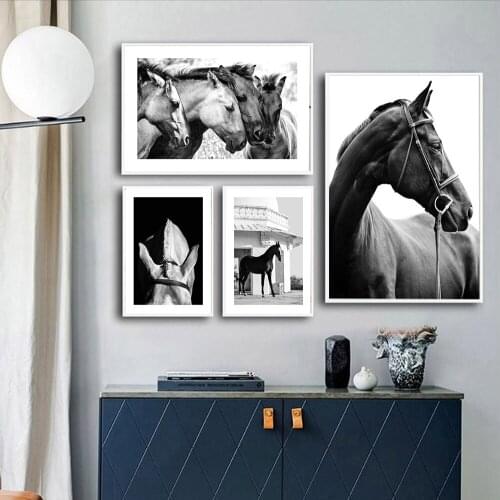 Home Decor Canvas Painting Animal Black White Style Four Horses Wall Art Posters and Prints Wall Pictures for Living Room Decor