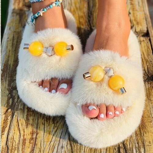 Winter Slippers Women Furry Slippers Warm Fur Slides Shoes Fluffy Flat Sandals Female Slides Plush Home Shoes Pantuflas De Mujer