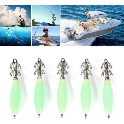 5pcs Luminous Squid Jigs Light Green Fishing Lure Hook Bait Fishhook