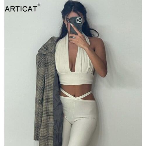 Articat Rib Knitted Sleeveless Two Piece Set Women Halter Bandage Backless Crop Top Long Pant Matching Set White Sexy Outfits