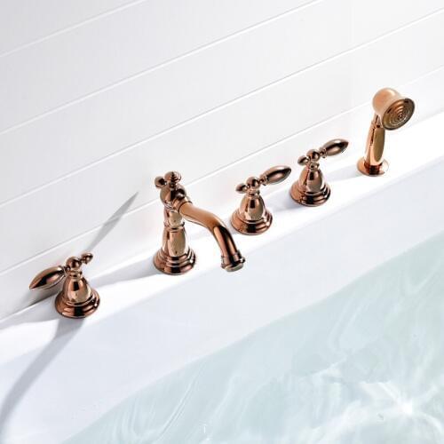 Free ship 5 pcs widespread Roman tub shower Faucet bathtub Mixer tap with handshower Rose gold clour Deck mounted