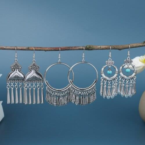 Bohemian Earrings Women Ethnic Retro Silver Color Popular Original Accessories Fower Handmade Tassel Earrings Female Hangers