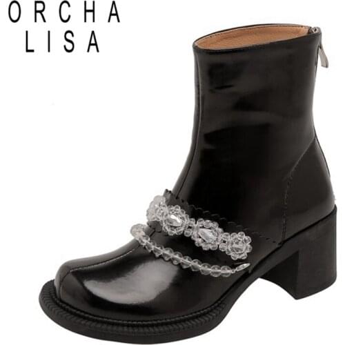 ORCHALISA Chelsea Boots Chunky Boots Women Winter Shoes Genuine Leather Plush Ankle Boots Female Autumn Rhinestone Flower Chain