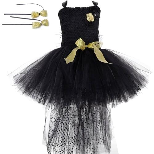 Black Girls Tutu Dress with Train Gold Flowers Tulle Girls Wedding Evening Party Dress Kids Halloween Costumes Girls Gowns 1-14Y