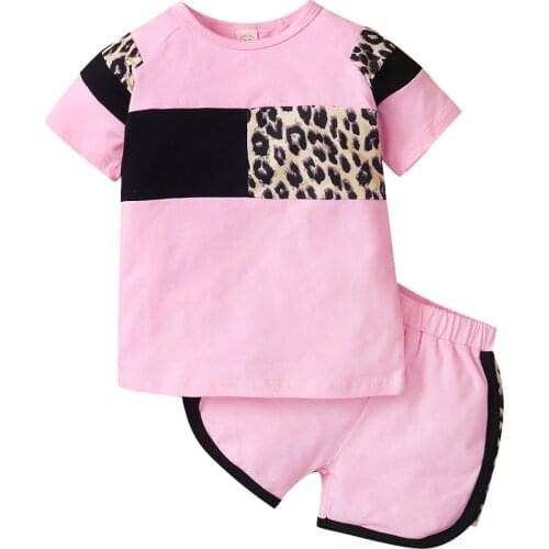 Kids Baby Girls Clothes Set Leopard Color Block T-shirt Tops Shorts Sets Children Sportswear Toddler Outfits Summer Clothing