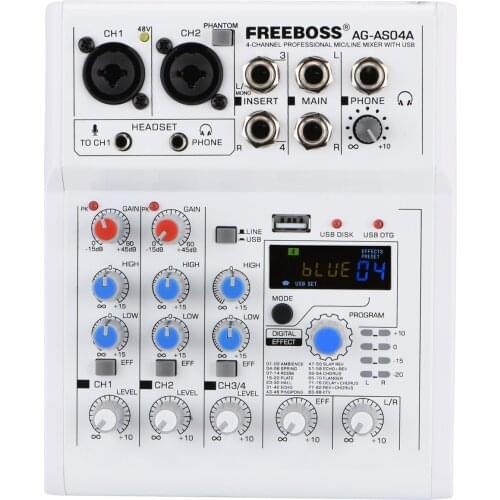 FREEBOSS AG-AS04A 4 Channel DC 5V Bluetooth Mobile Computer USB Play and Record 88 DSP Effects Echo Reverb Personal Audio Mixer