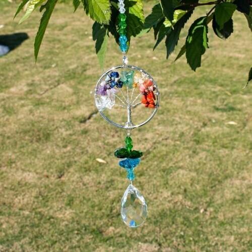 H&D Crystal Suncatcher Tree of Life Window Ornament with 38mm Crystal Prism Rainbow Maker Sun Catcher for Home Garden Decor