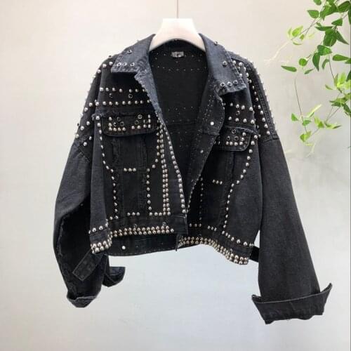 Spring Autumn Womens Harajuku Red Denim Jacket Hand Beaded Rivet Short Black Students Basic Jeans Coats Outfit