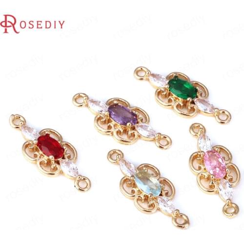 10PCS 7x18MM 24K Champagne Gold Color Brass and Zircon 2 Holes Oval Shape Connect Charms Pendants Diy Jewelry Making Supplies