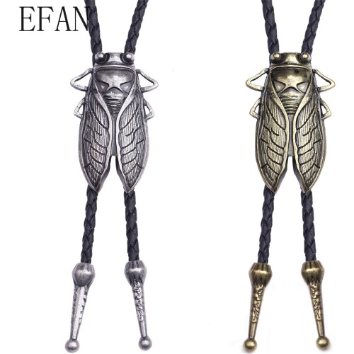 Fashion Jewelry Bolo Tie New Retro Shirt Chain Cicada Bicolor Knows Poirot Rope Leather Necklace Long Tie Pendant Necklace