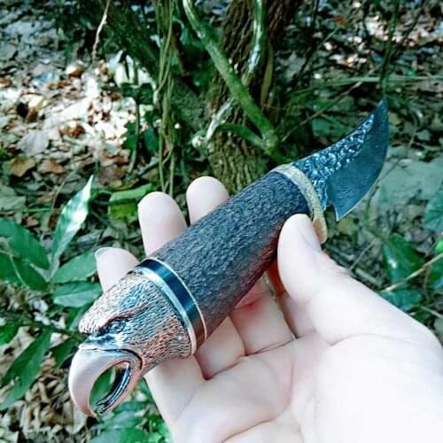 Goshawk head+Handle ebony design Damascus steel fixed blade EDC knife Camping knife Survival Hunting knives with leather sheath