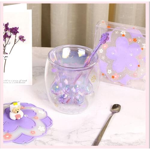 Cherry Powder Household Transparent Insulation Glass Water Cup Cat Claw Cup Creative Glass Double Layer Coffee Milk Cup