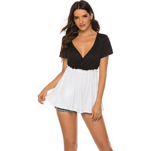 Sexy Deep V Neck Womens T Shirt Short Sleeve Blended Patchwork Color Slim Top Casual Lady T Shirt