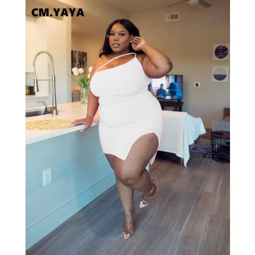 CM.YAYA Plus Size Women Spaghetti Strap Skew Neck Bodycon Slid Side Mini Midi Dress Sexy Night Party Sleeveless Pencil Dresses